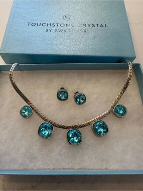 Touchstone Crystal Teal Blue Cushion-Cut Necklace and Stud Earrings Set